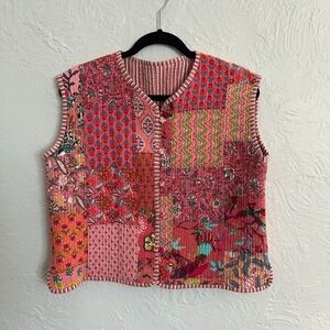Patchwork Reversible Quilted Vest Women’s Sz L Pink Floral Stripe Button Front